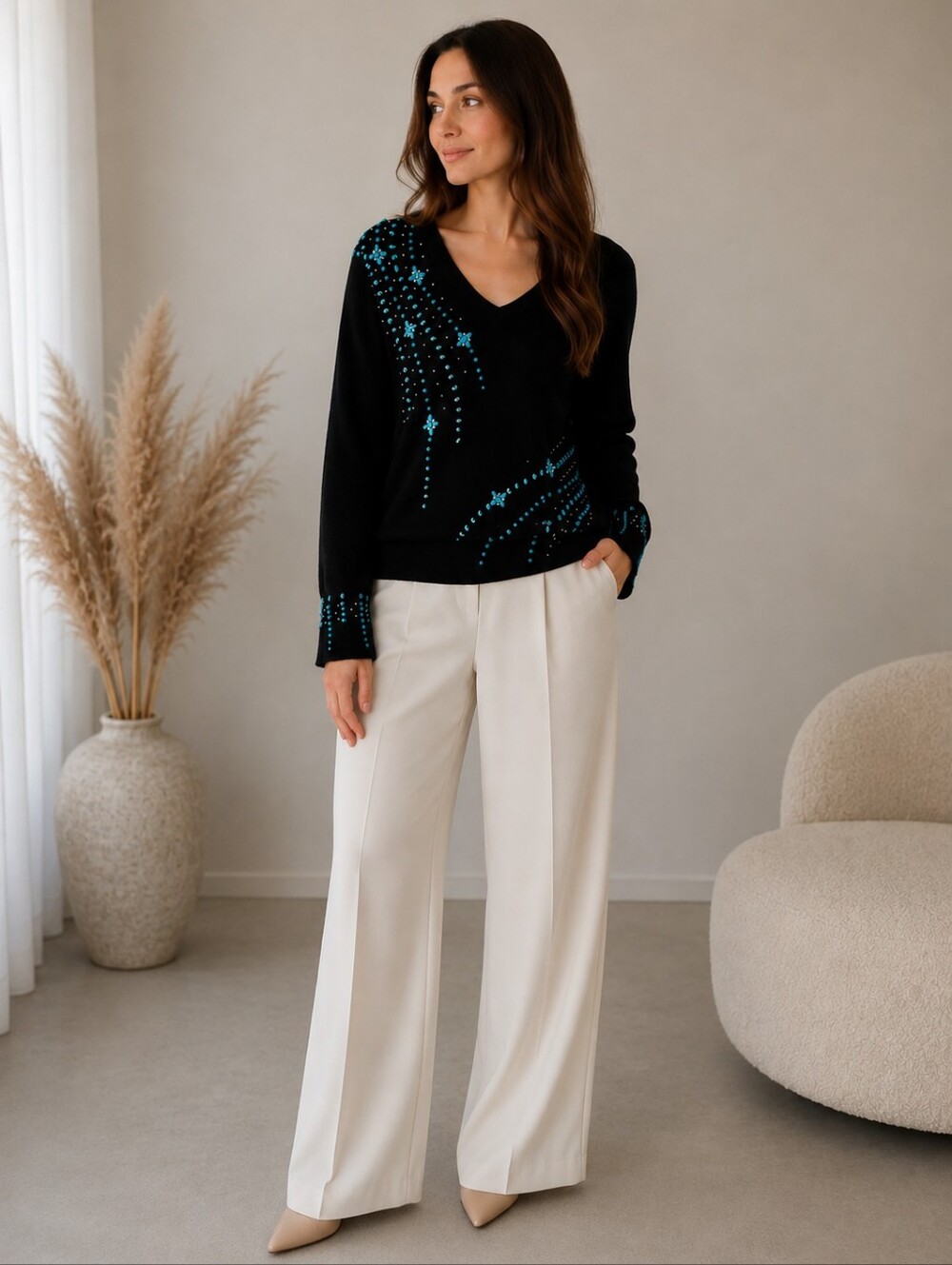 Black V-Neck Sweater with Turquoise Beaded Star Accents - Picture 2 of 6